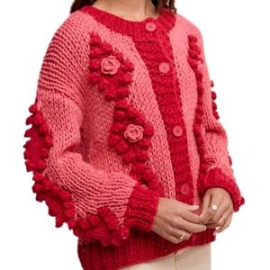 Pink Handmade Knit Cardigan Sweater with Flowers